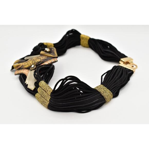 Vintage Made In Italy Waist Belt Mayan Metal Black Weaved Crystal Chunky 26" - Picture 4 of 12